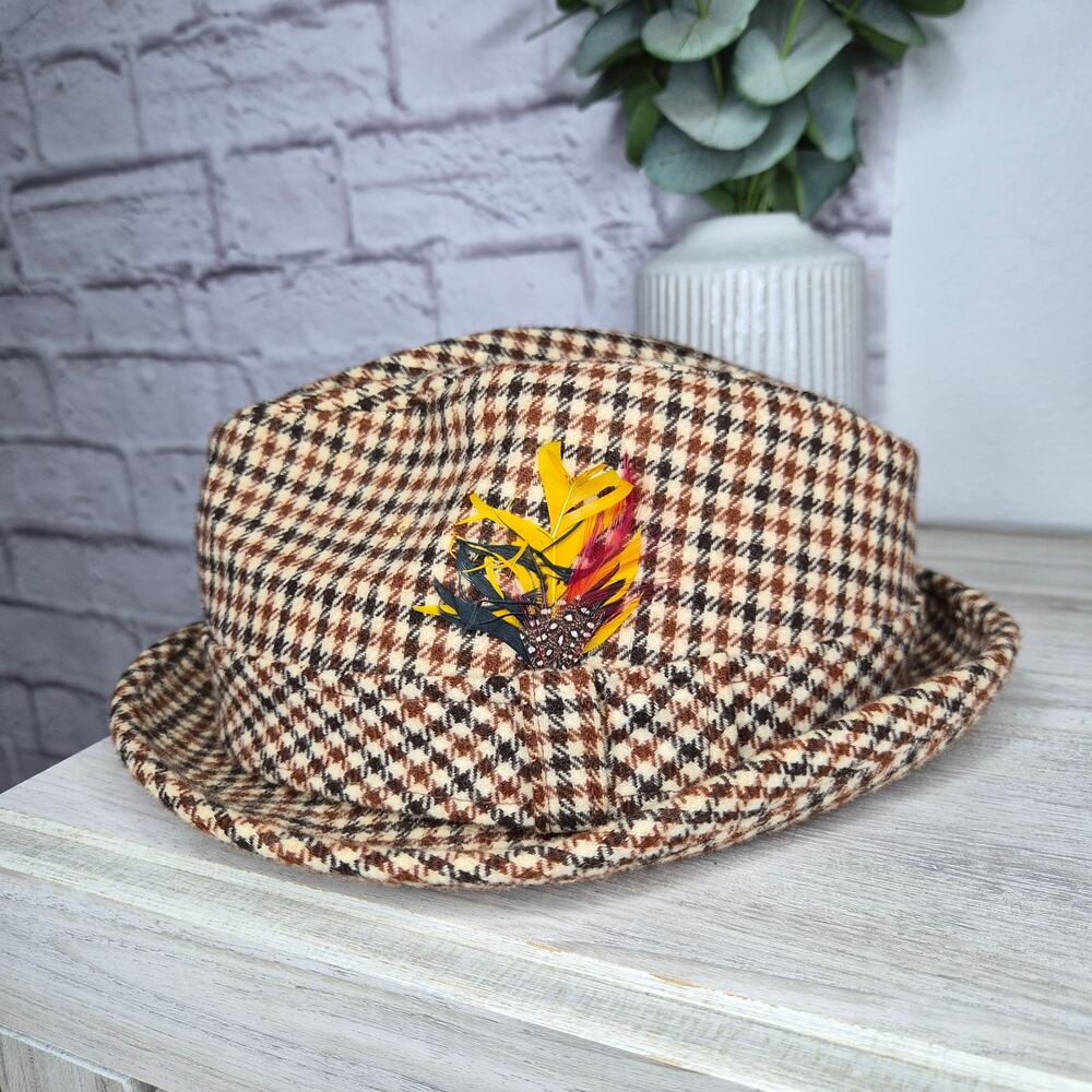 Vintage Pendleton Wool Fedora Trilby Hat Tweed Houndstooth Plaid Brown Feather M